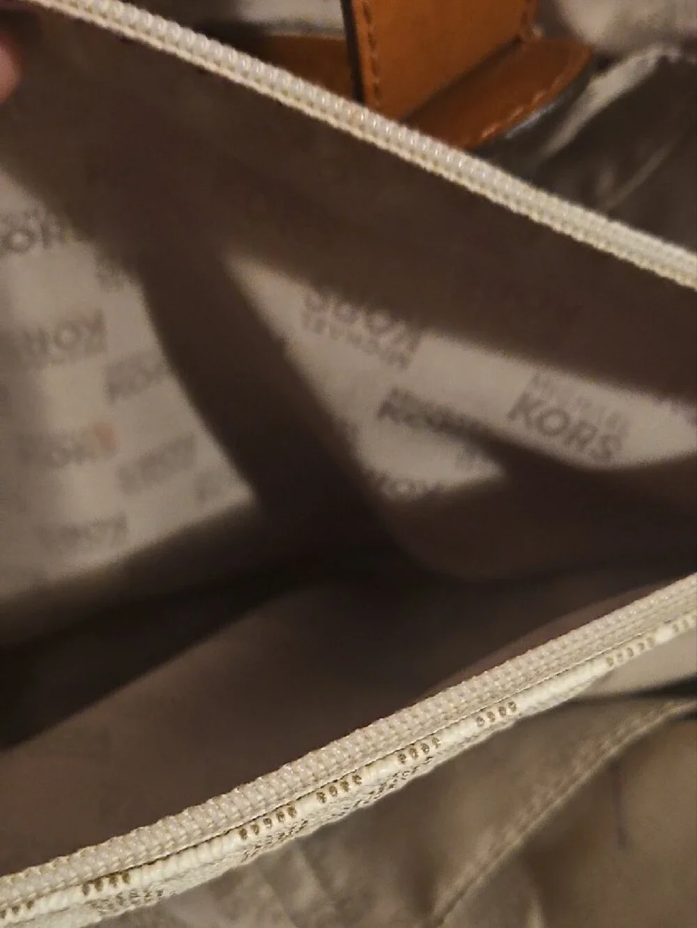 Michael Kors Cream Monogram Tote with Tan Leather Accents